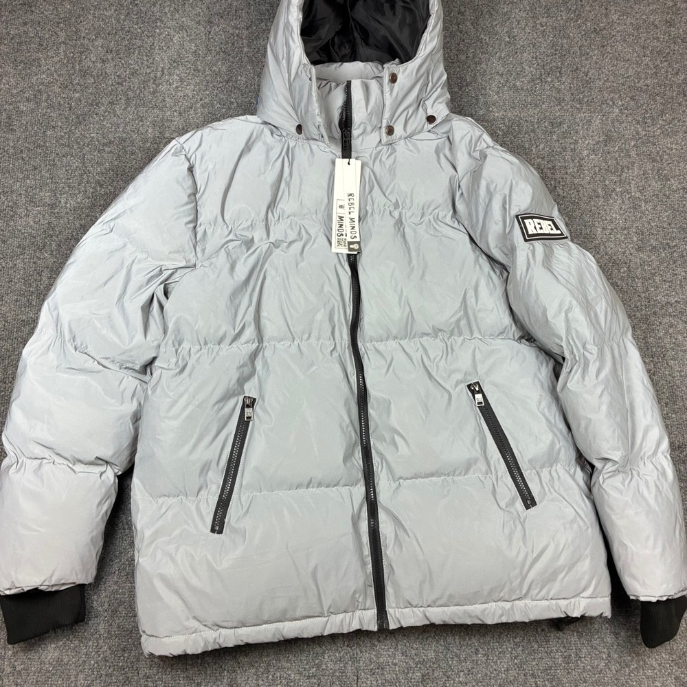 Rebel Minds Mens Size XL Reflective Puffer Jacket Silver Hooded Streetwear NEW